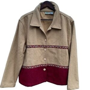 Beige & Wine Wool Blend Jacket Size Large Collared 4 Button Collections Etc